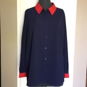 SUSAN GRAVER NAVY BUTTON DOWN 2 Tone w/ Red Sz XL